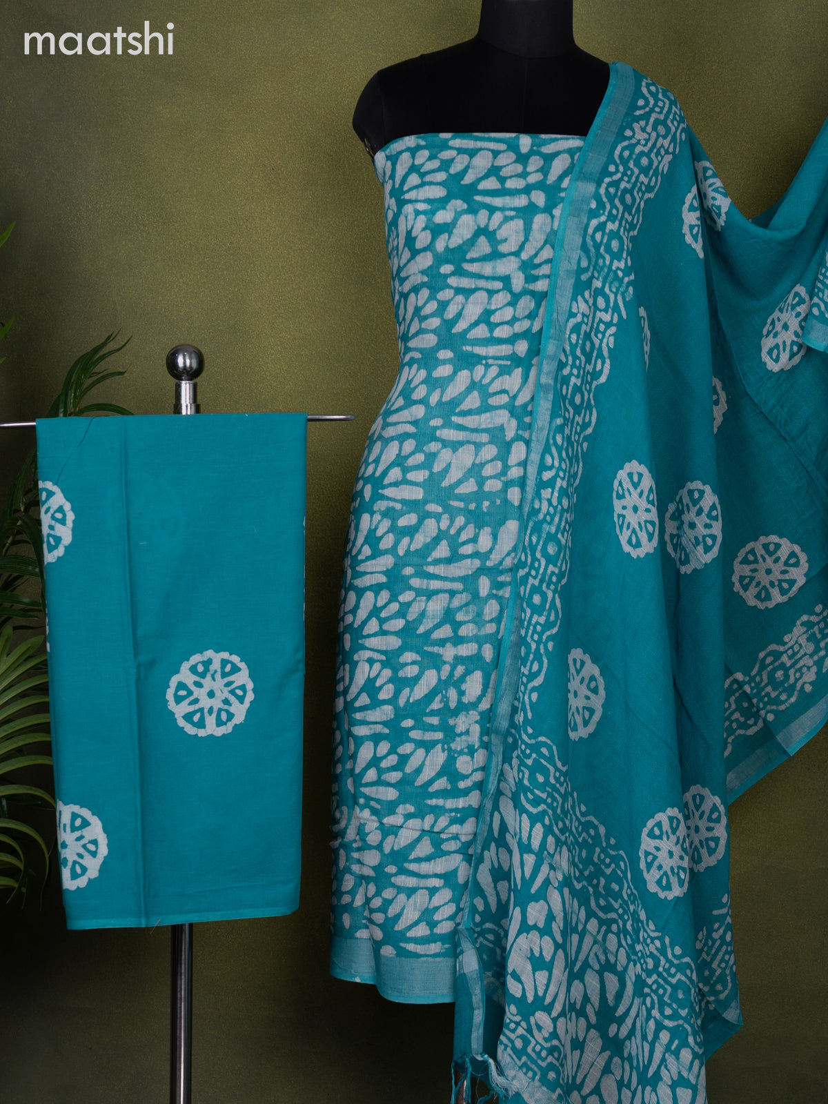 Linen cotton dress material teal blue and off white with allover batik prints and bottom & dupatta