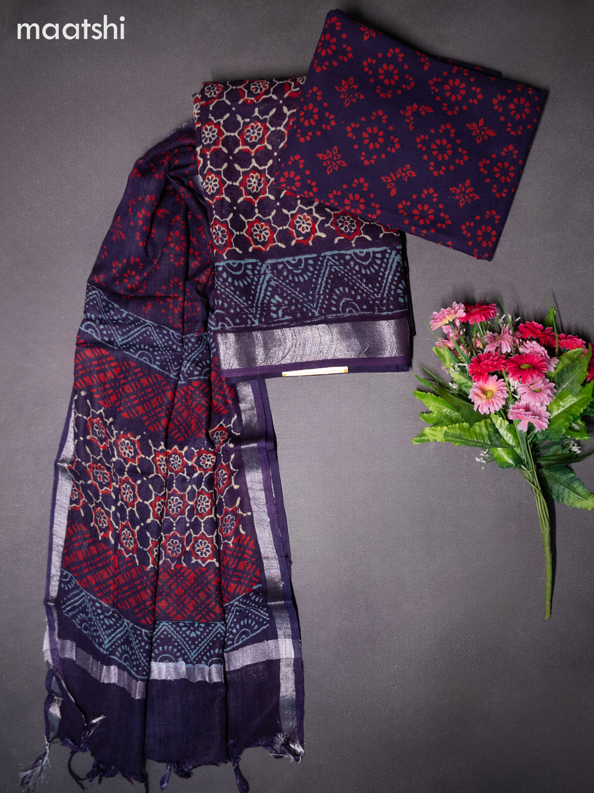 Linen cotton dress material wine shade with allover ajrakh prints and bottom & dupatta