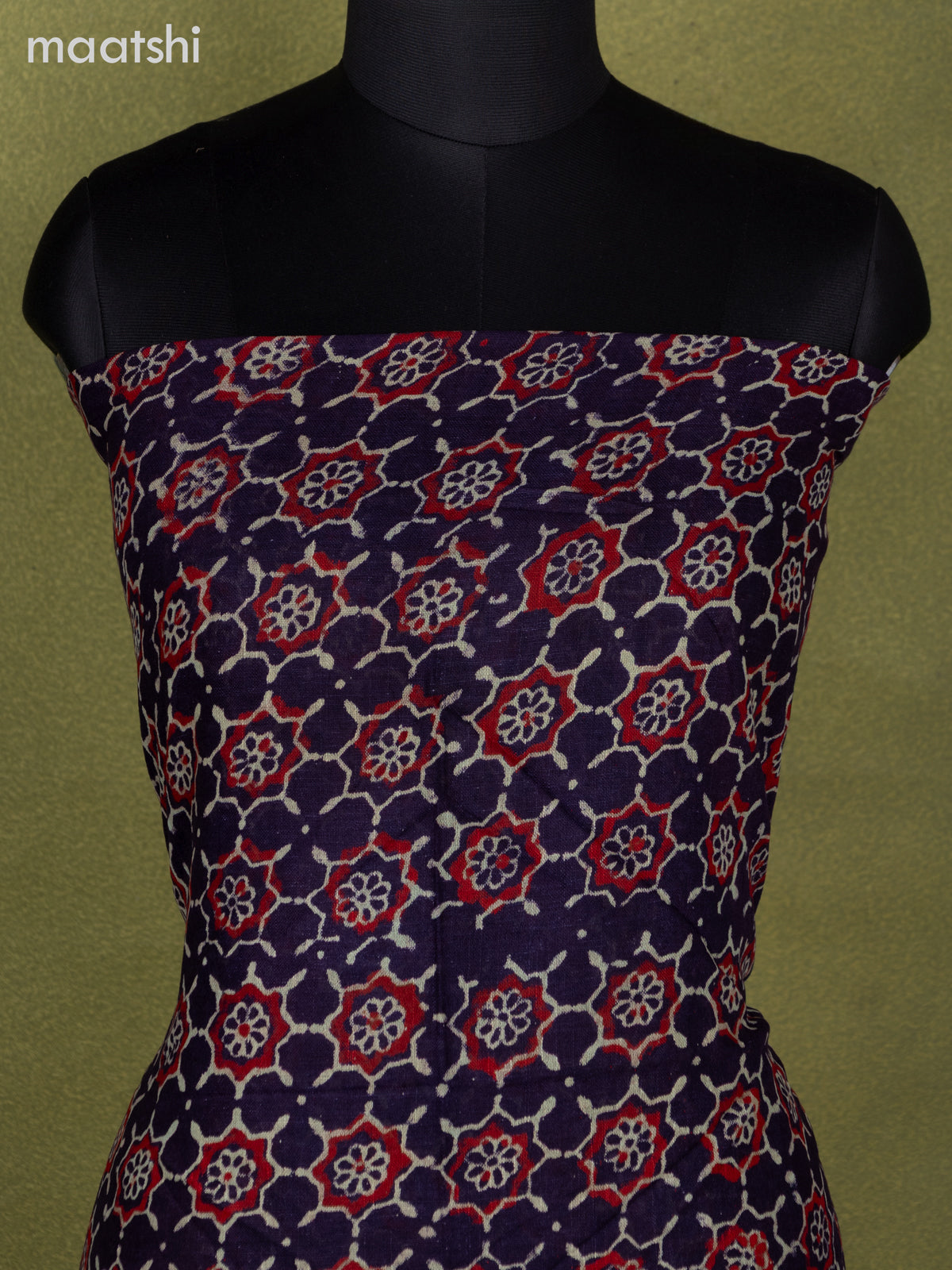 Linen cotton dress material wine shade with allover ajrakh prints and bottom & dupatta