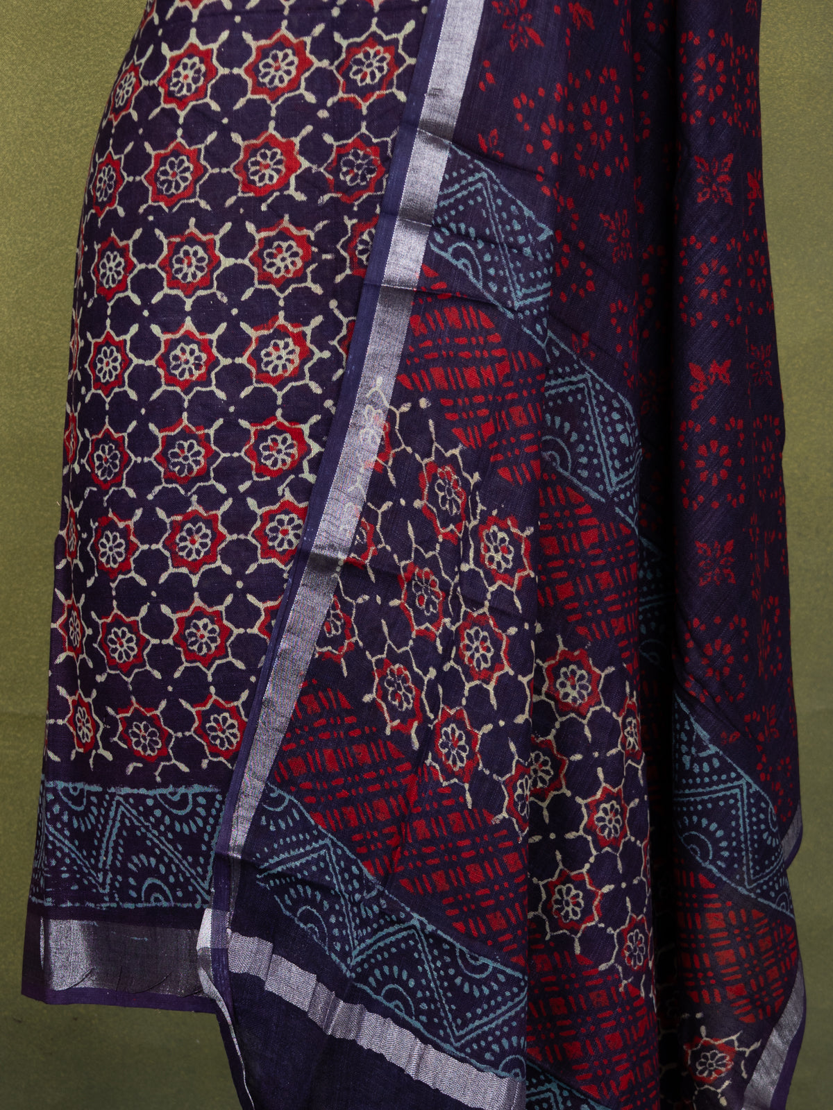 Linen cotton dress material wine shade with allover ajrakh prints and bottom & dupatta