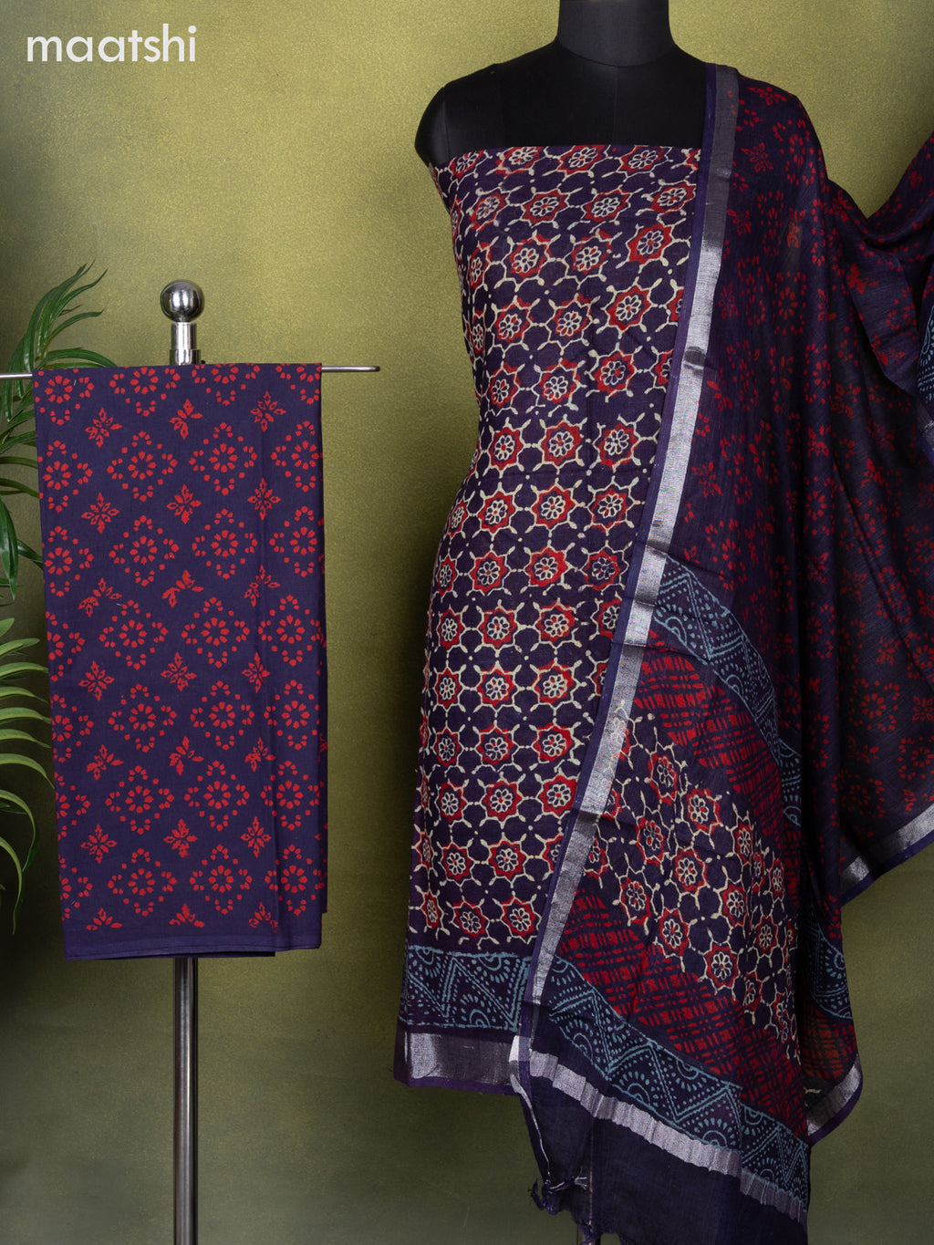 Linen cotton dress material wine shade with allover ajrakh prints and bottom & dupatta