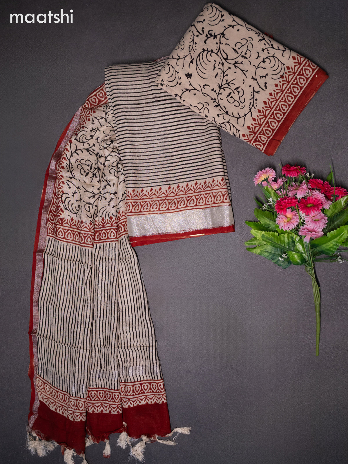 Linen cotton dress material beige and black rust shade with allover stripes pattern and bottom & dupatta