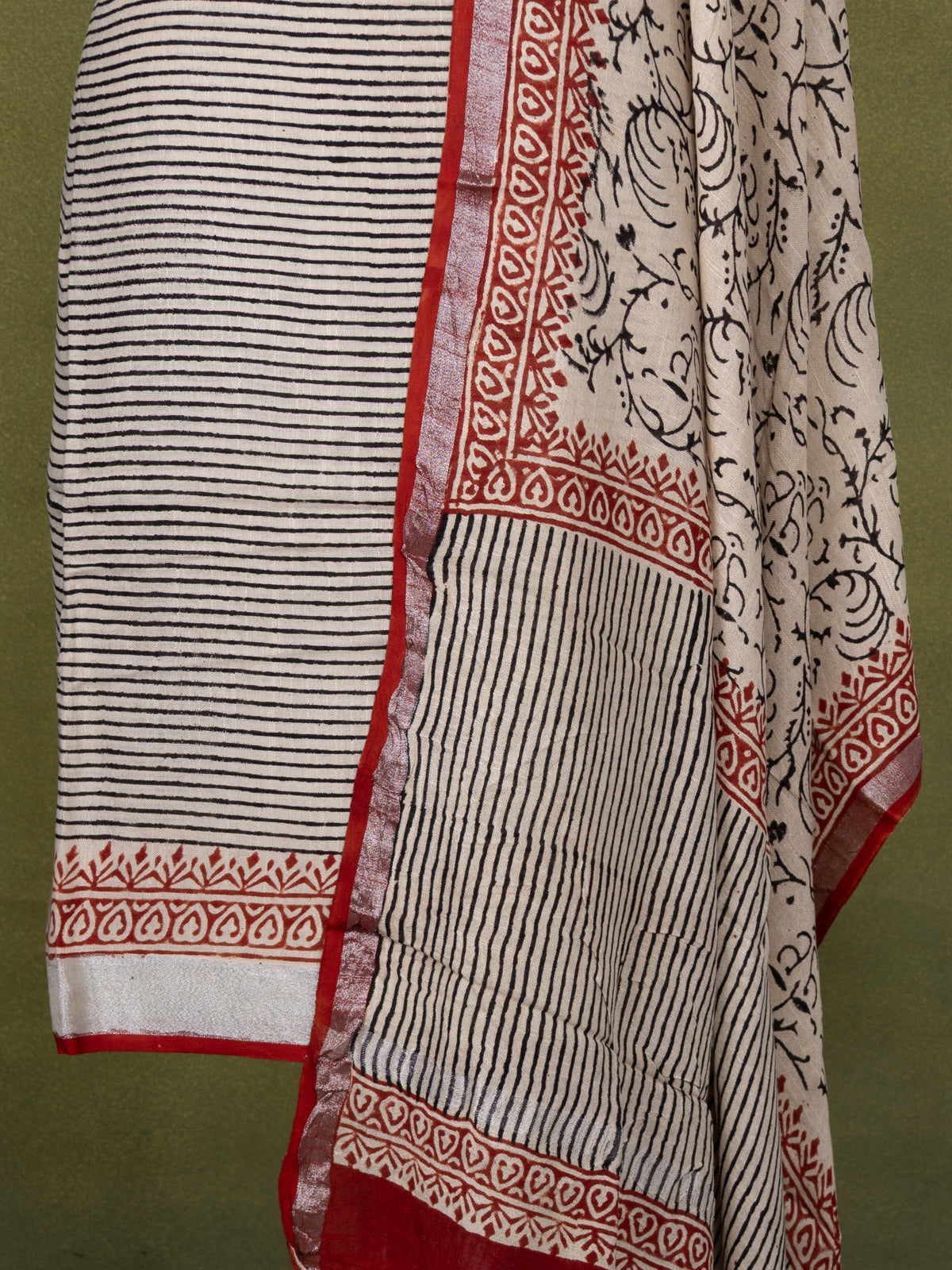 Linen cotton dress material beige and black rust shade with allover stripes pattern and bottom & dupatta