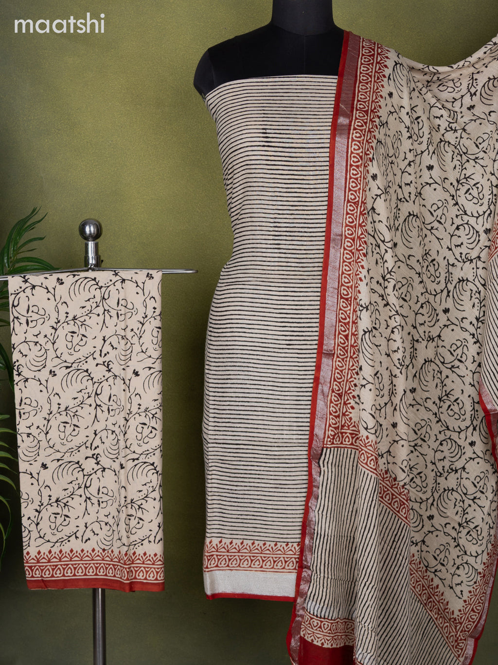 Linen cotton dress material beige and black rust shade with allover stripes pattern and bottom & dupatta
