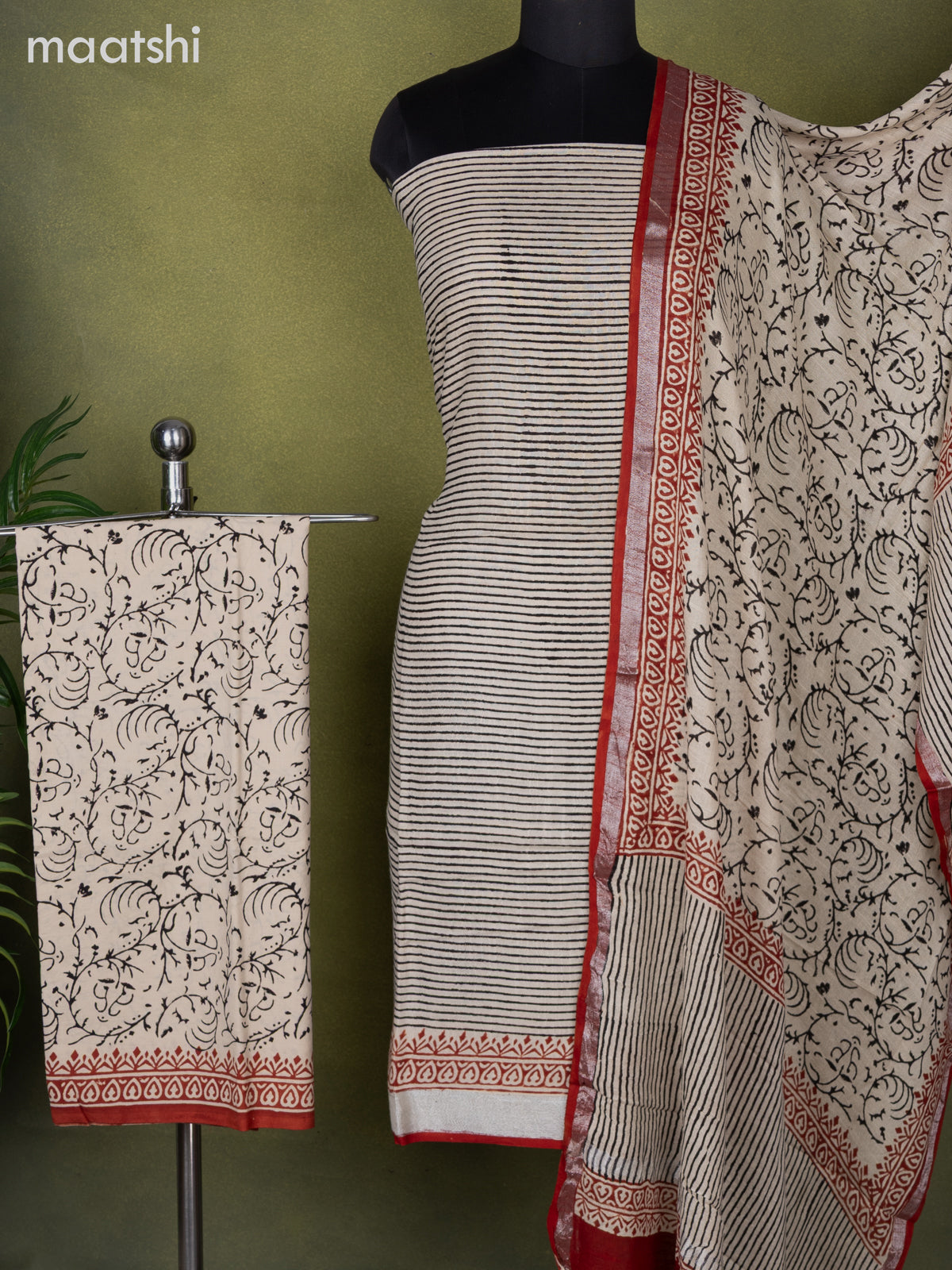 Linen cotton dress material beige and black rust shade with allover stripes pattern and bottom & dupatta