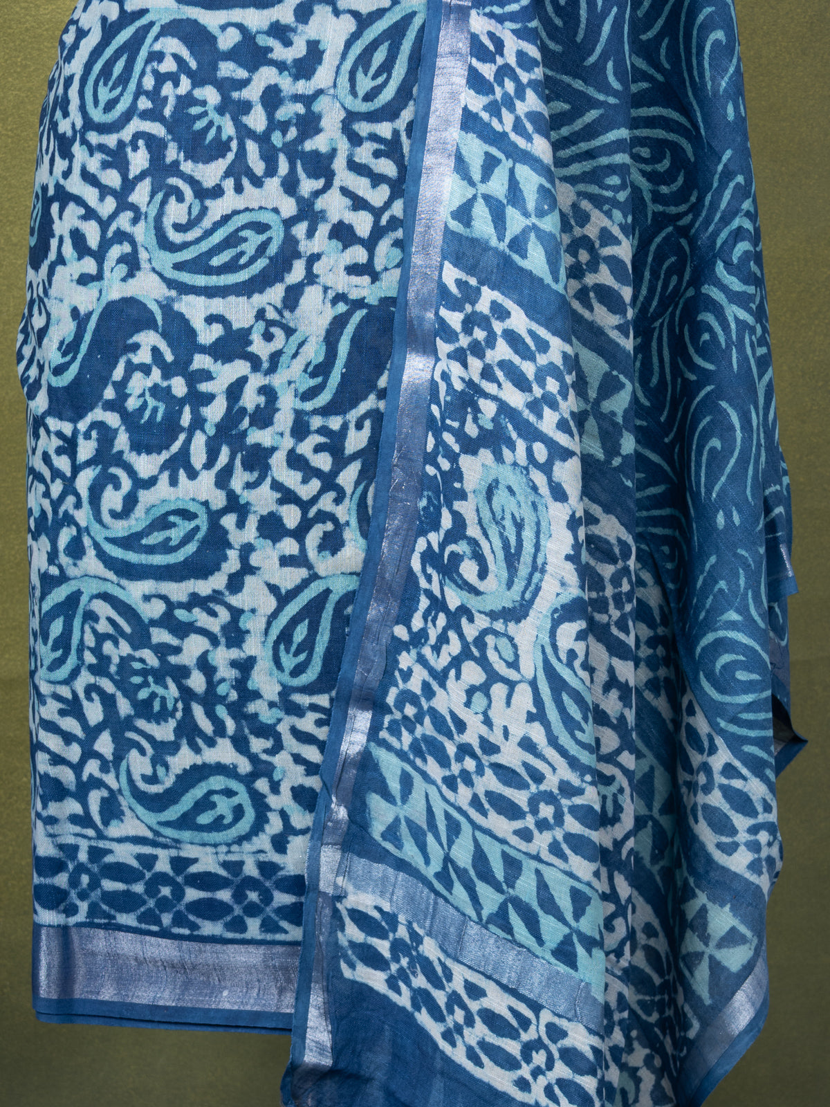 Linen cotton dress material blue with allover batik prints and bottom & dupatta