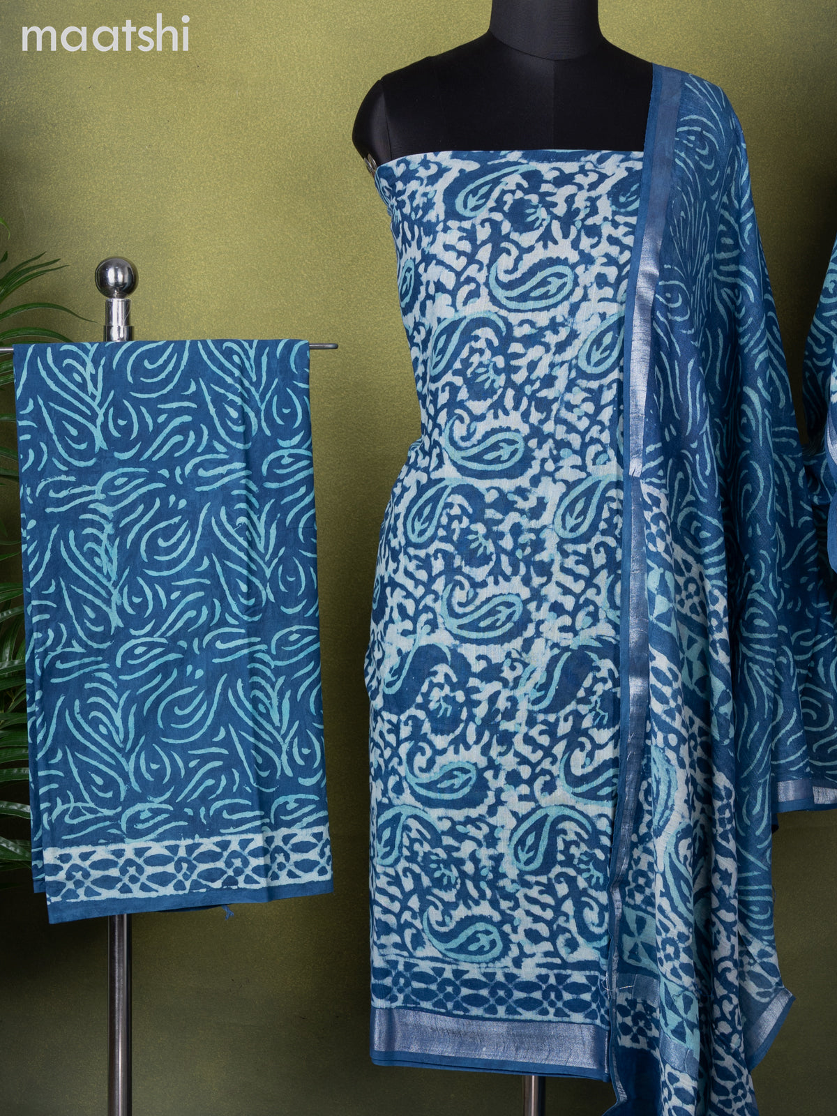 Linen cotton dress material blue with allover batik prints and bottom & dupatta