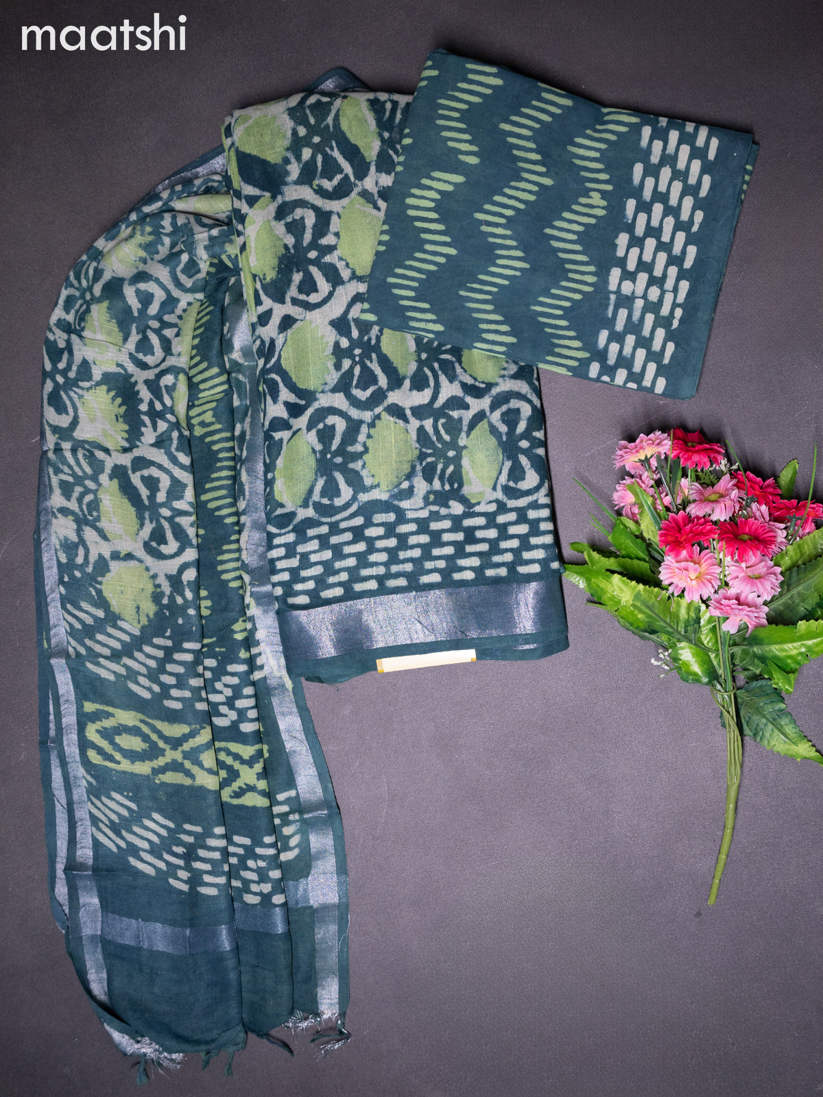 Linen cotton dress material teal green with allover batik prints and bottom & dupatta