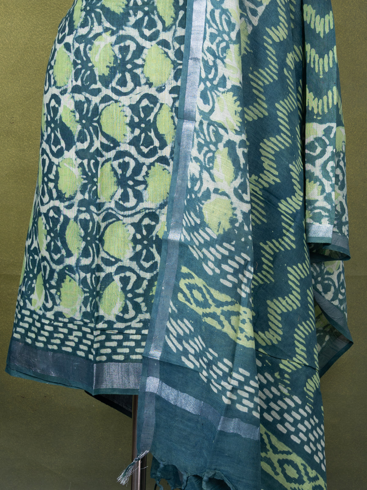 Linen cotton dress material teal green with allover batik prints and bottom & dupatta