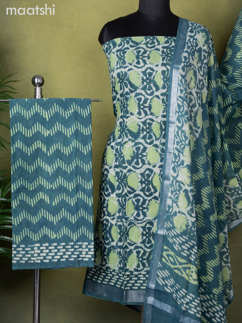 Linen cotton dress material teal green with allover batik prints and bottom & dupatta