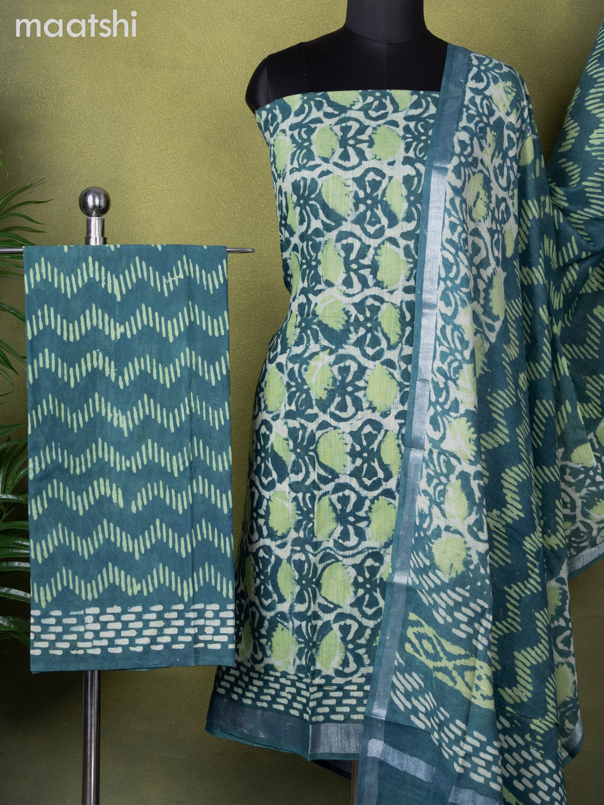 Linen cotton dress material teal green with allover batik prints and bottom & dupatta