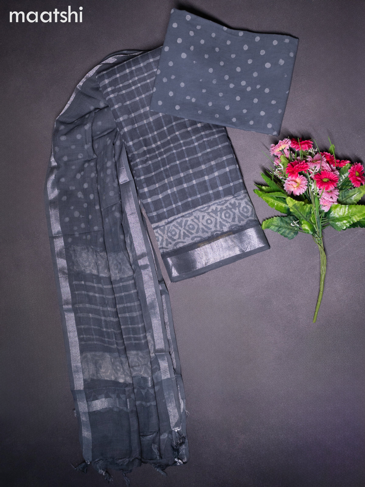 Linen cotton dress material grey with allover prints and bottom & dupatta