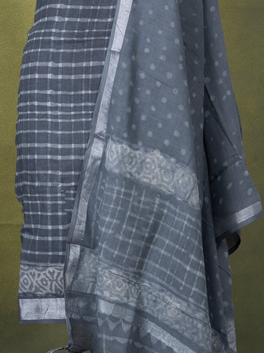 Linen cotton dress material grey with allover prints and bottom & dupatta