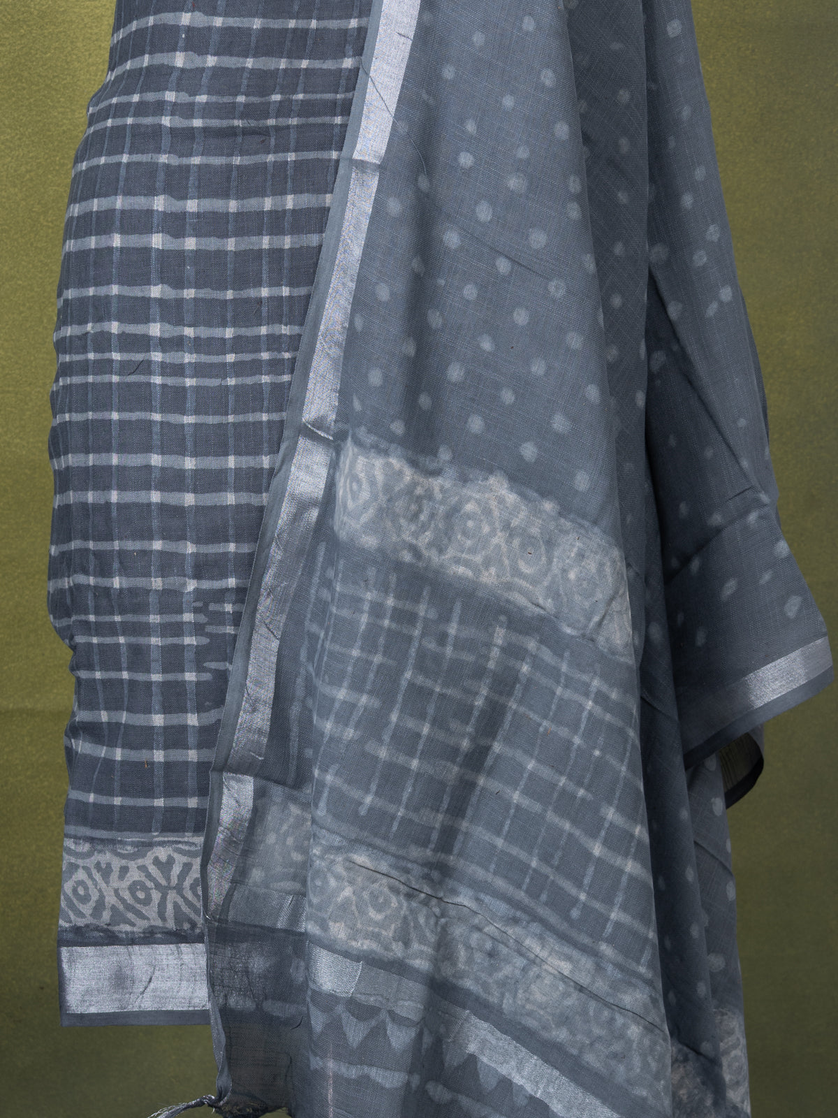 Linen cotton dress material grey with allover prints and bottom & dupatta