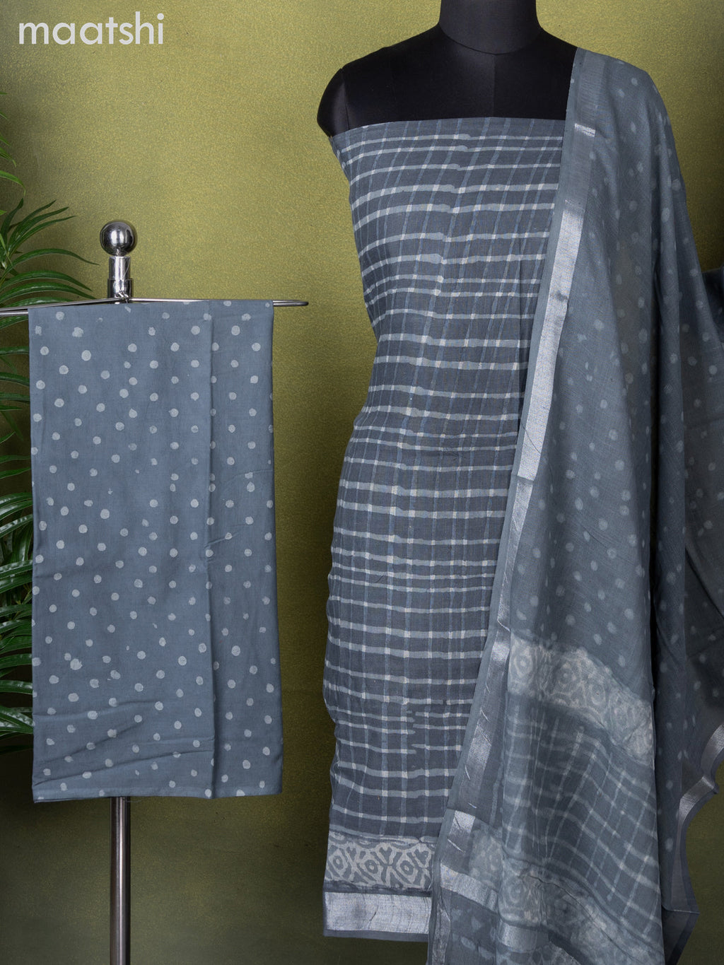 Linen cotton dress material grey with allover prints and bottom & dupatta