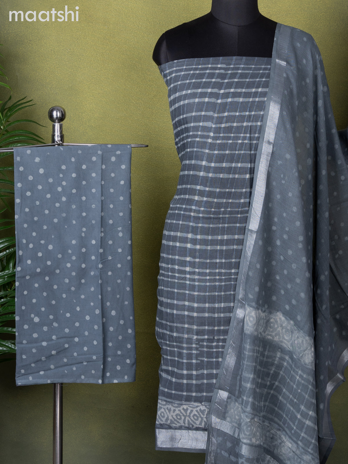Linen cotton dress material grey with allover prints and bottom & dupatta