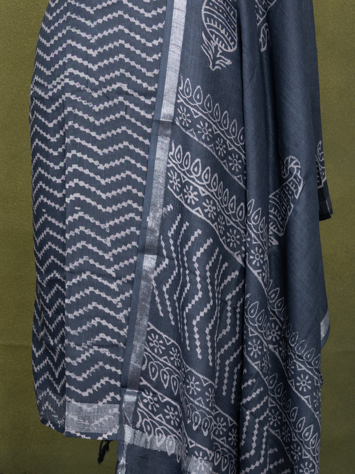 Linen cotton dress material grey with allover prints and bottom & dupatta