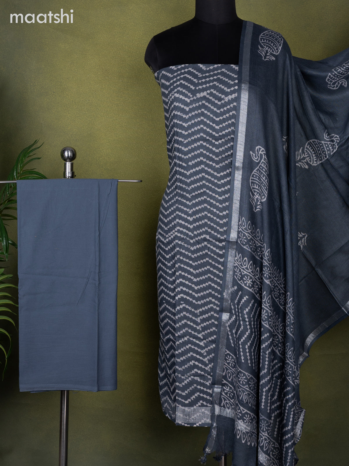 Linen cotton dress material grey with allover prints and bottom & dupatta