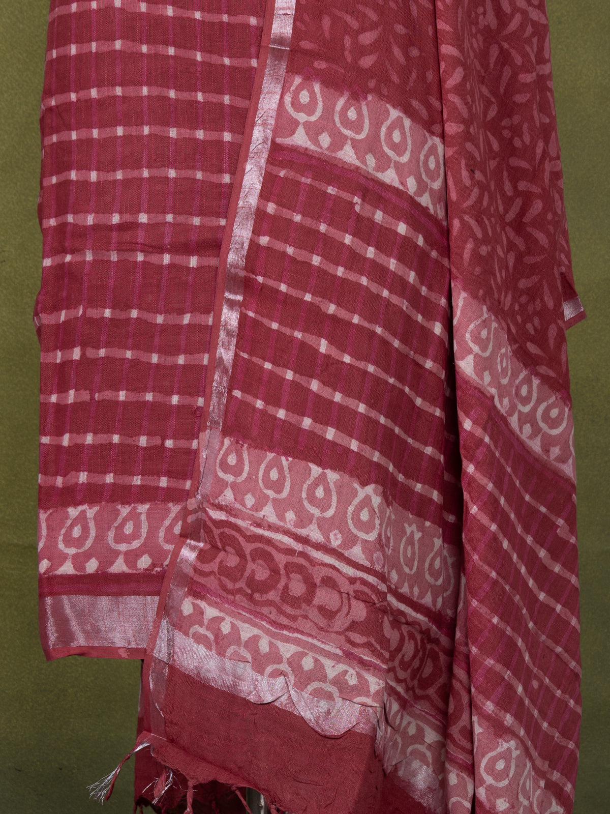 Linen cotton dress material maroon shade with allover checked pattern and bottom & dupatta