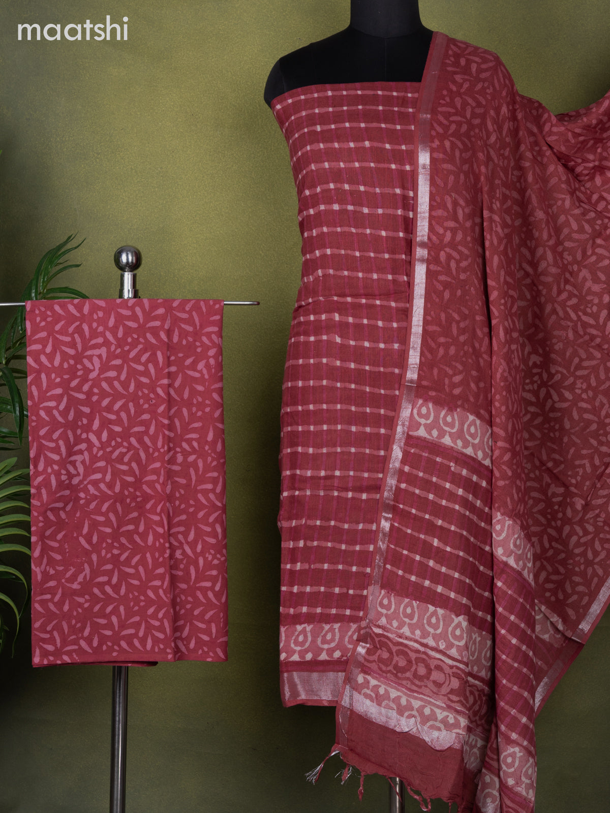 Linen cotton dress material maroon shade with allover checked pattern and bottom & dupatta