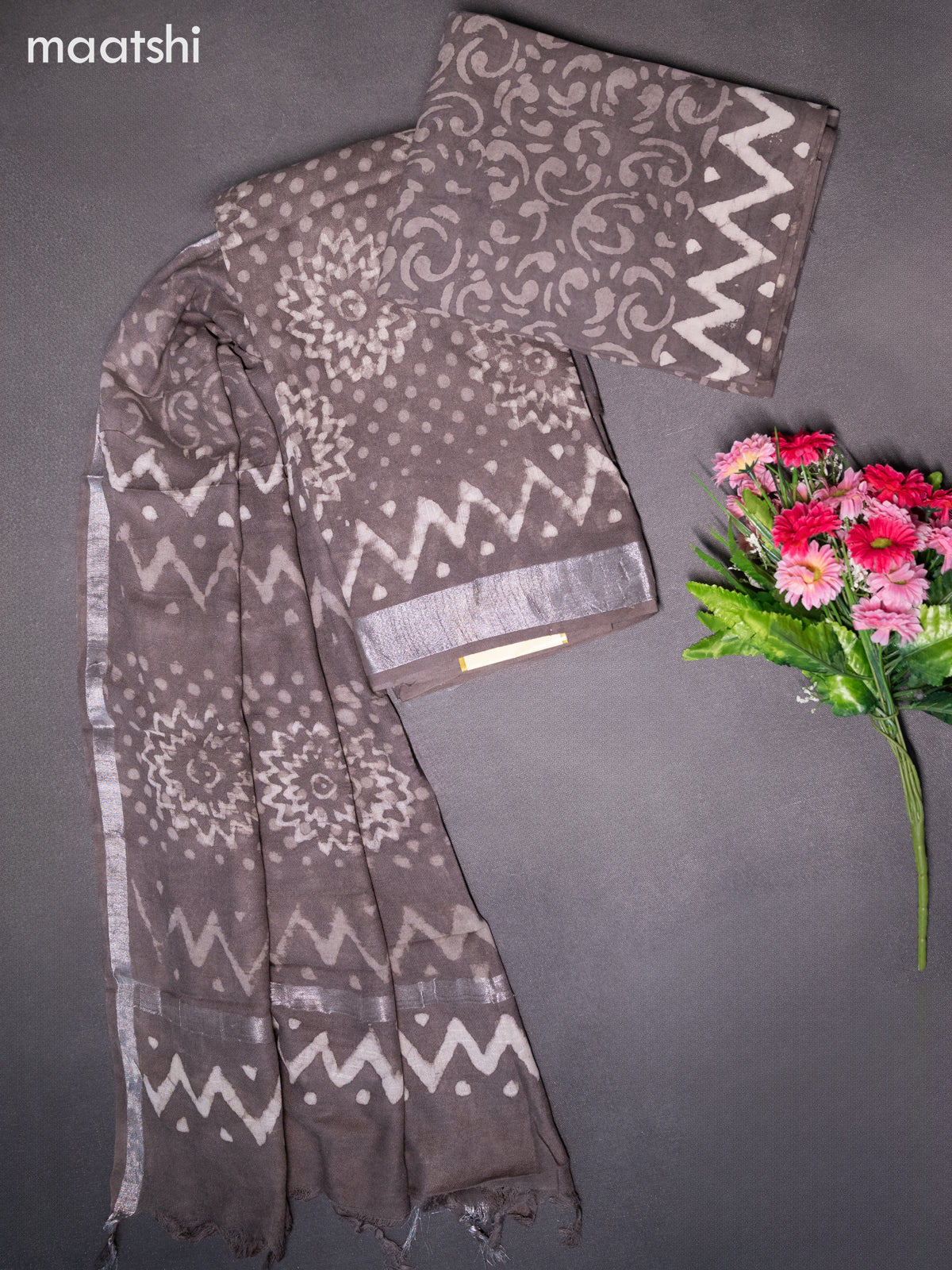 Linen cotton dress material grey with allover prints and bottom & dupatta