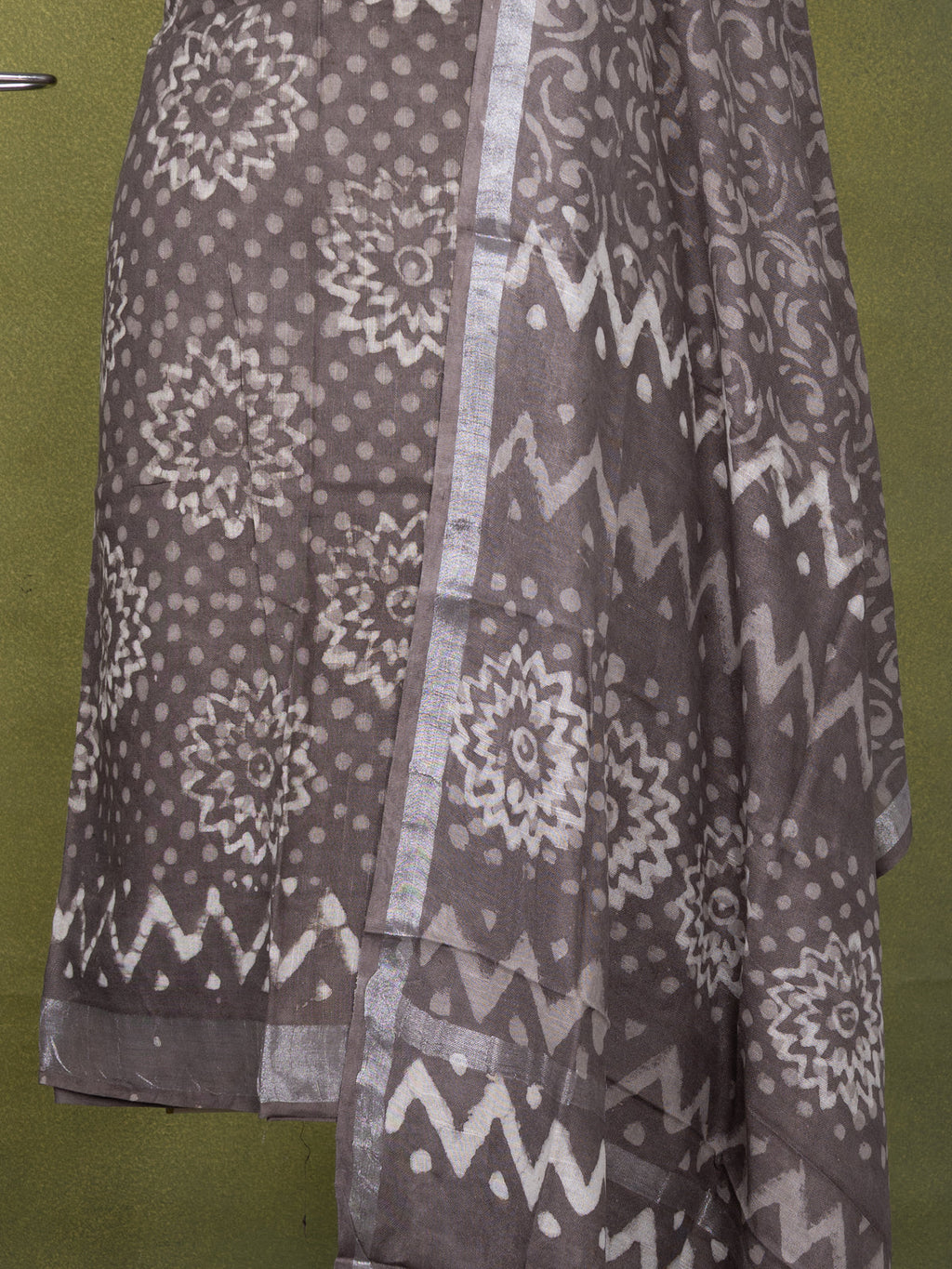 Linen cotton dress material grey with allover prints and bottom & dupatta