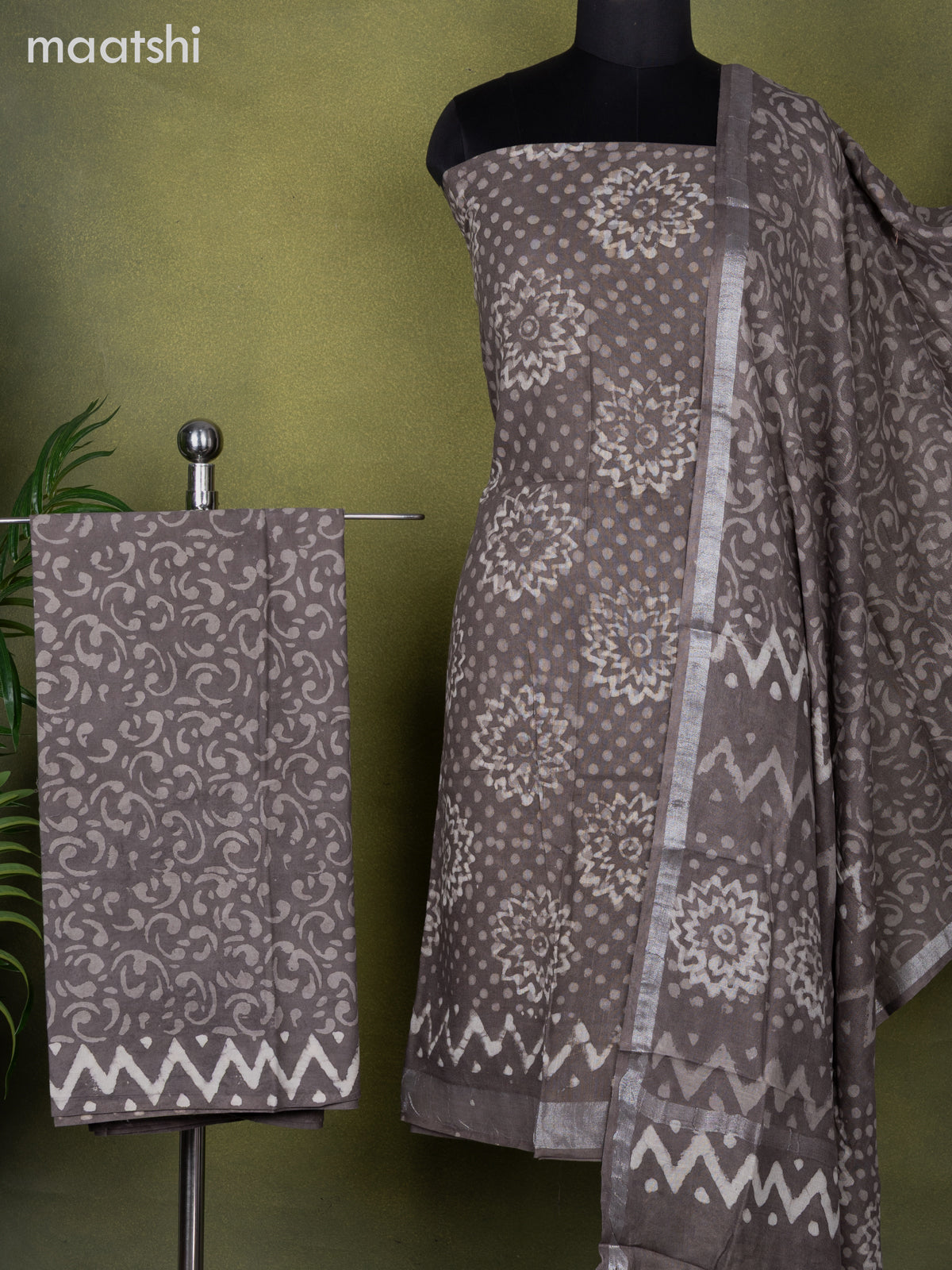 Linen cotton dress material grey with allover prints and bottom & dupatta