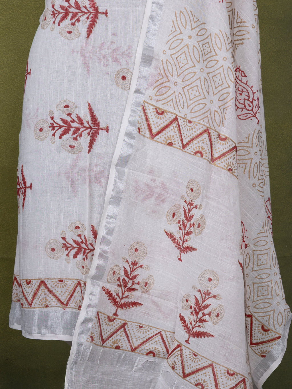 Linen cotton dress material off white with butta prints and bottom & dupatta