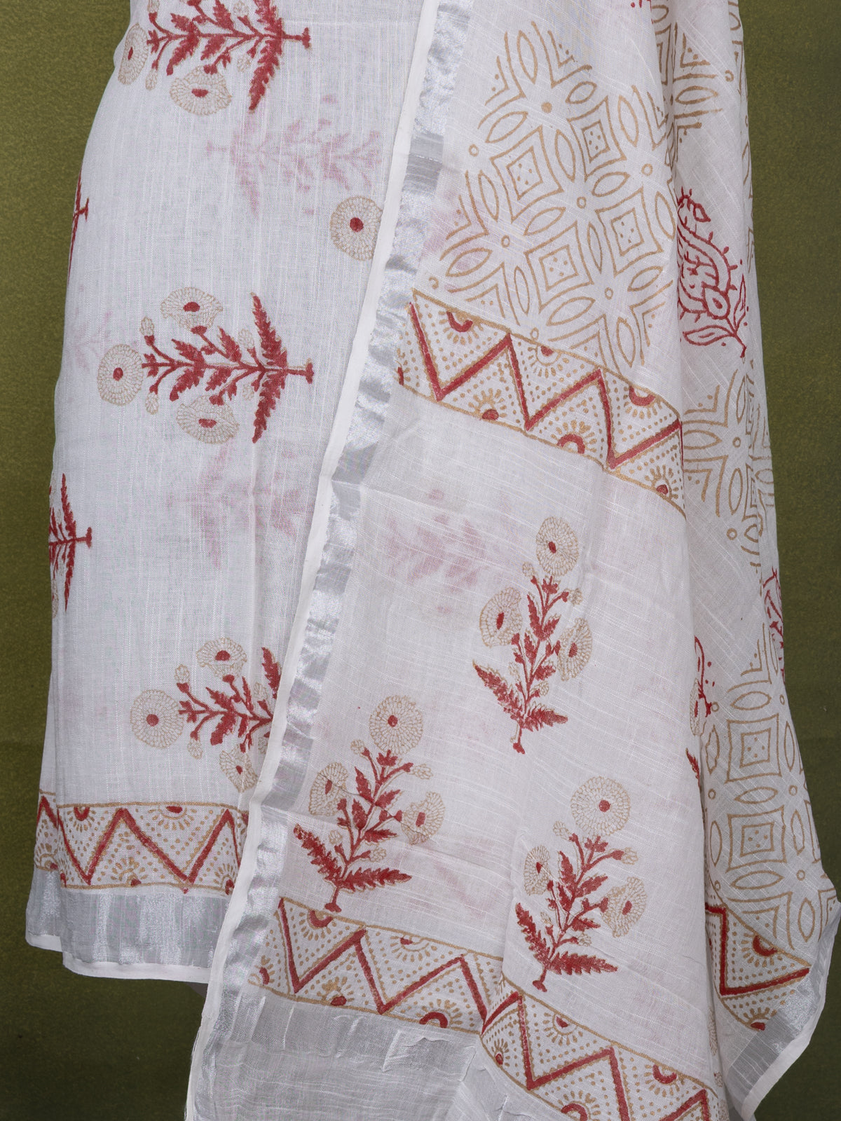 Linen cotton dress material off white with butta prints and bottom & dupatta