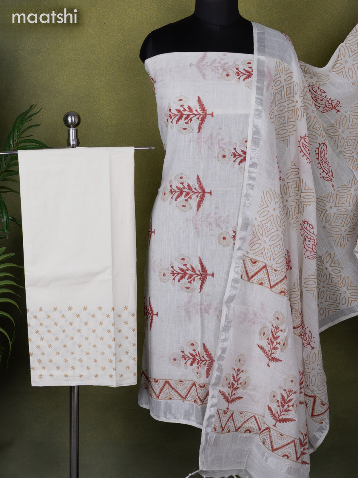 Linen cotton dress material off white with butta prints and bottom & dupatta