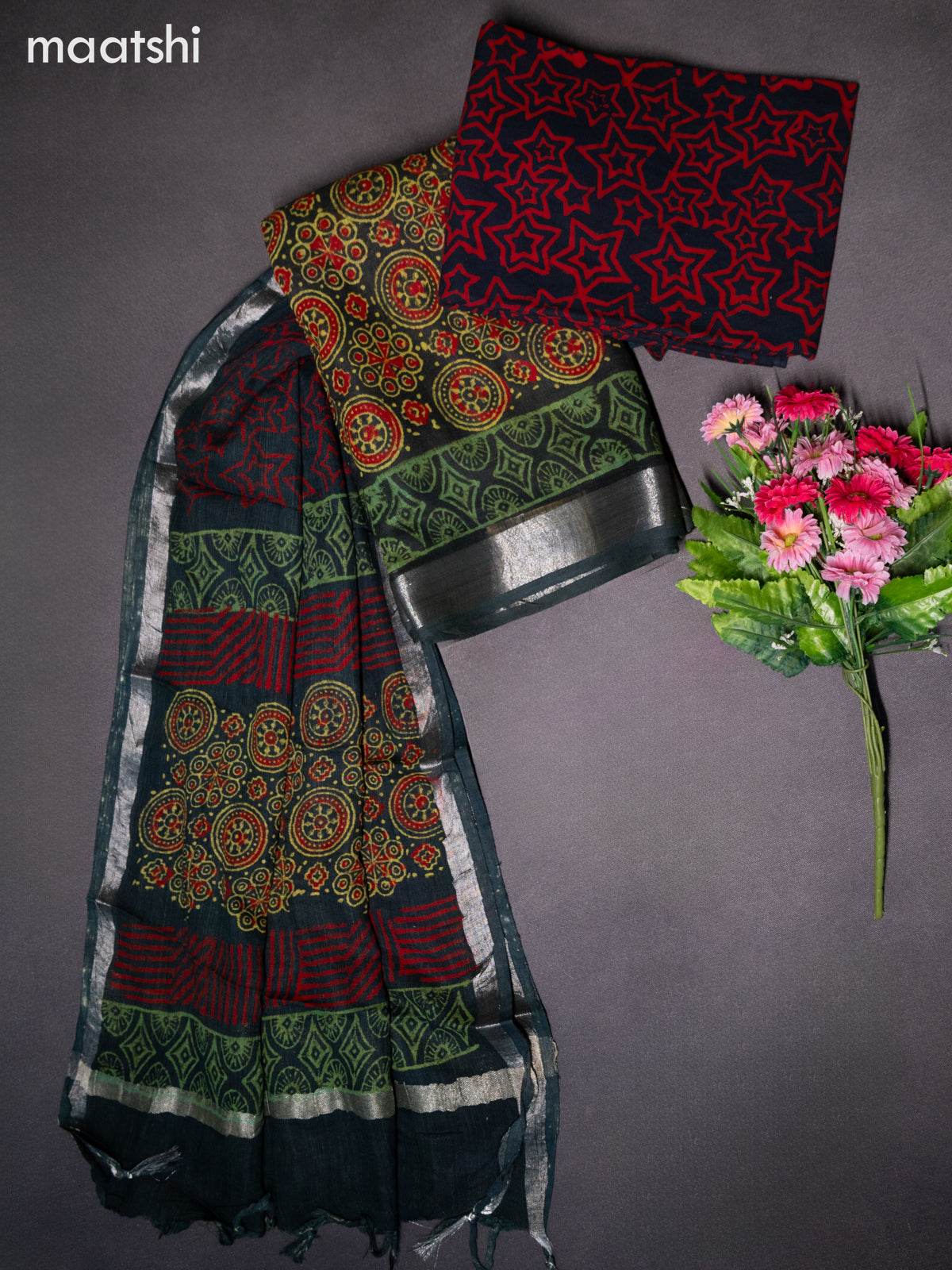 Linen cotton dress material drak green with allover ajrakh prints and bottom & dupatta