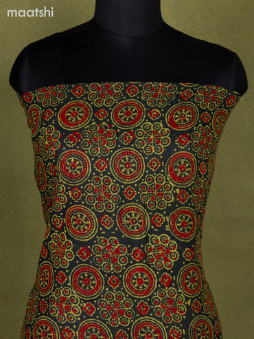 Linen cotton dress material drak green with allover ajrakh prints and bottom & dupatta