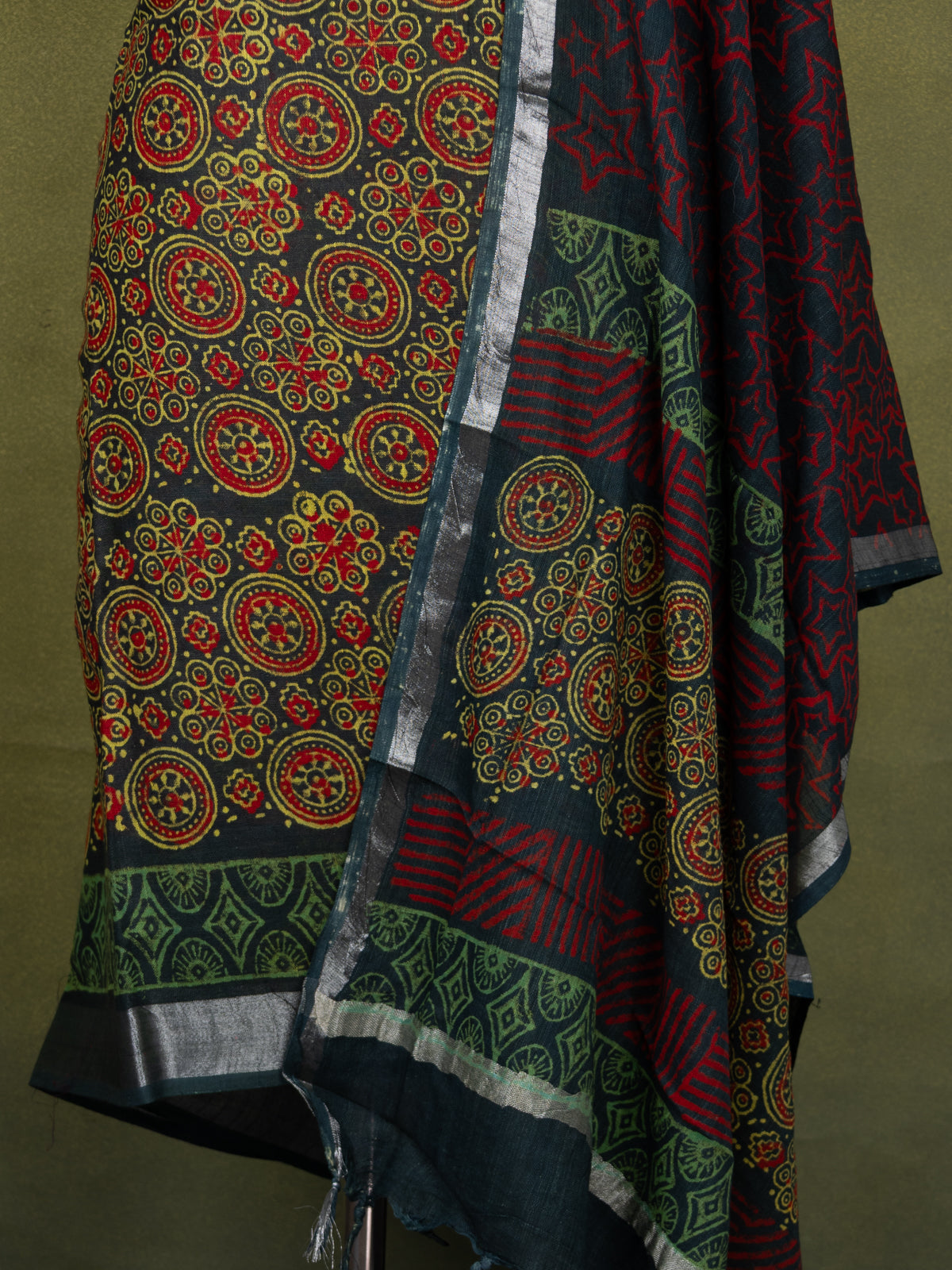 Linen cotton dress material drak green with allover ajrakh prints and bottom & dupatta