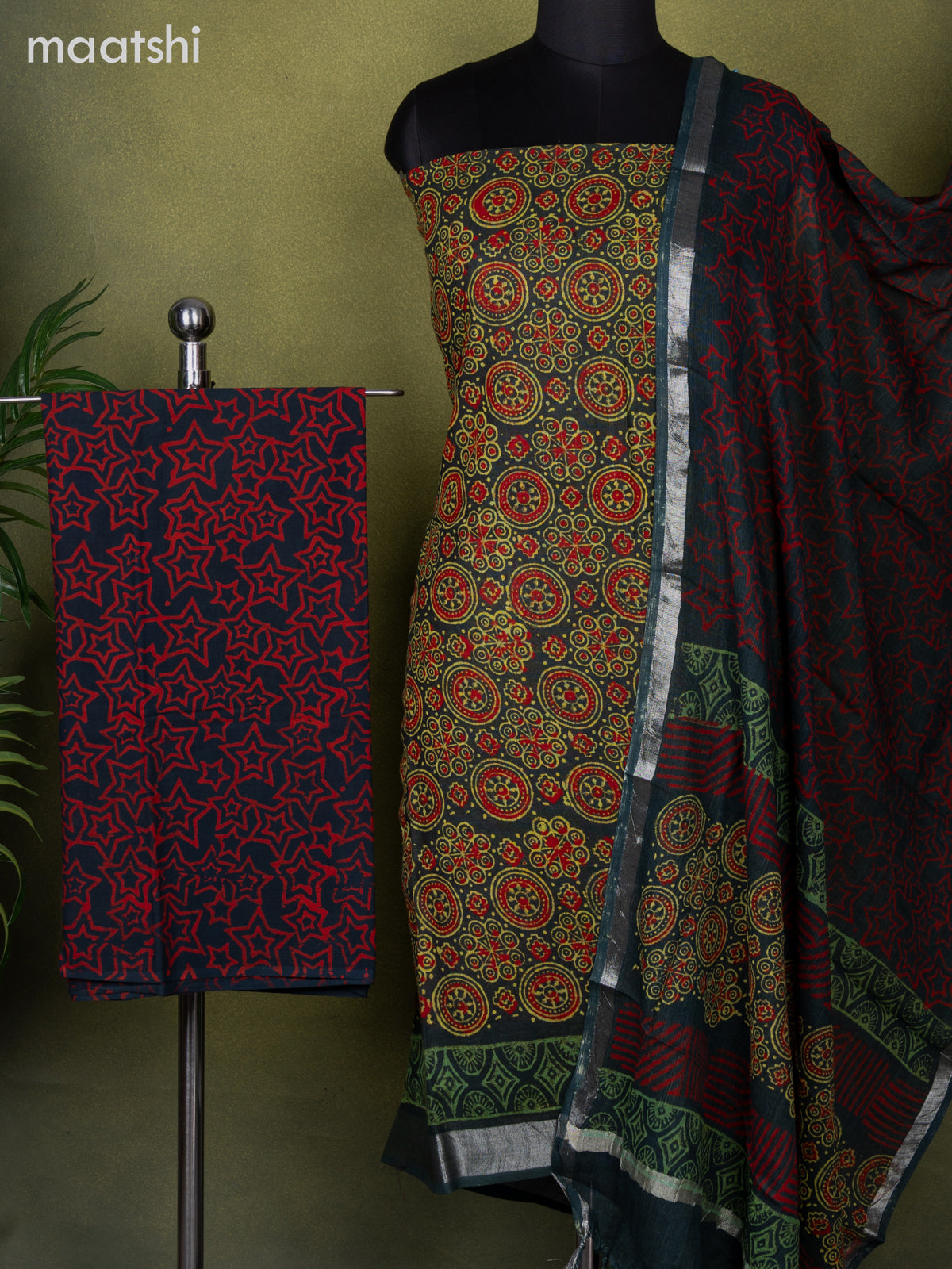 Linen cotton dress material drak green with allover ajrakh prints and bottom & dupatta