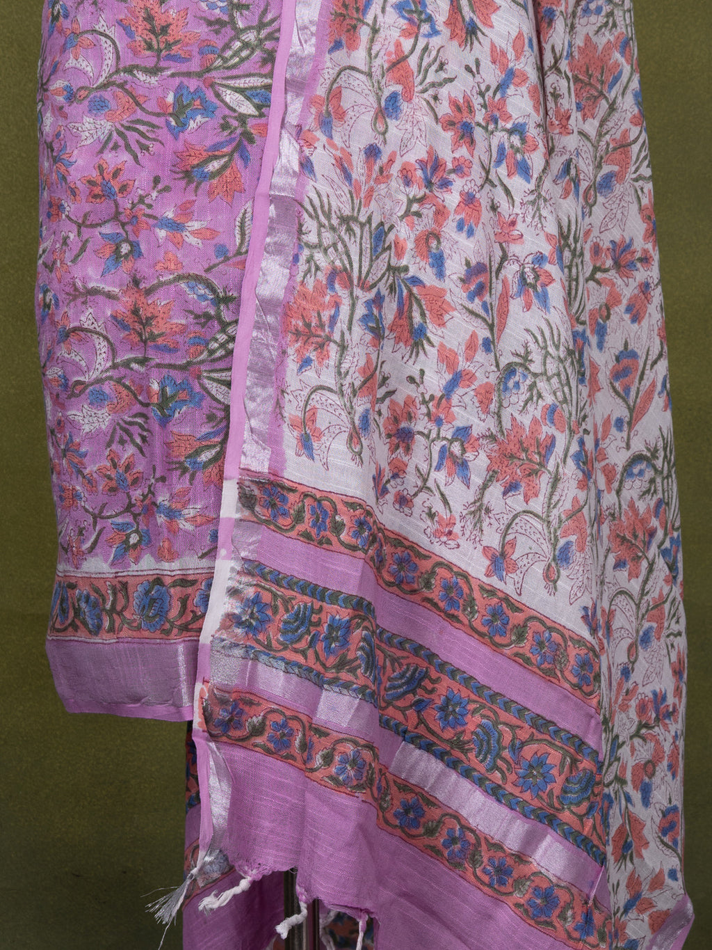 Linen cotton dress material lavender shade and off white with allover prints and bottom & dupatta