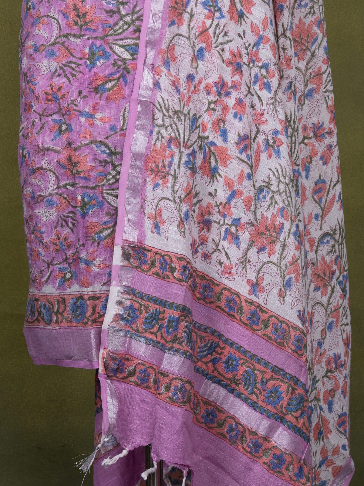 Linen cotton dress material lavender shade and off white with allover prints and bottom & dupatta