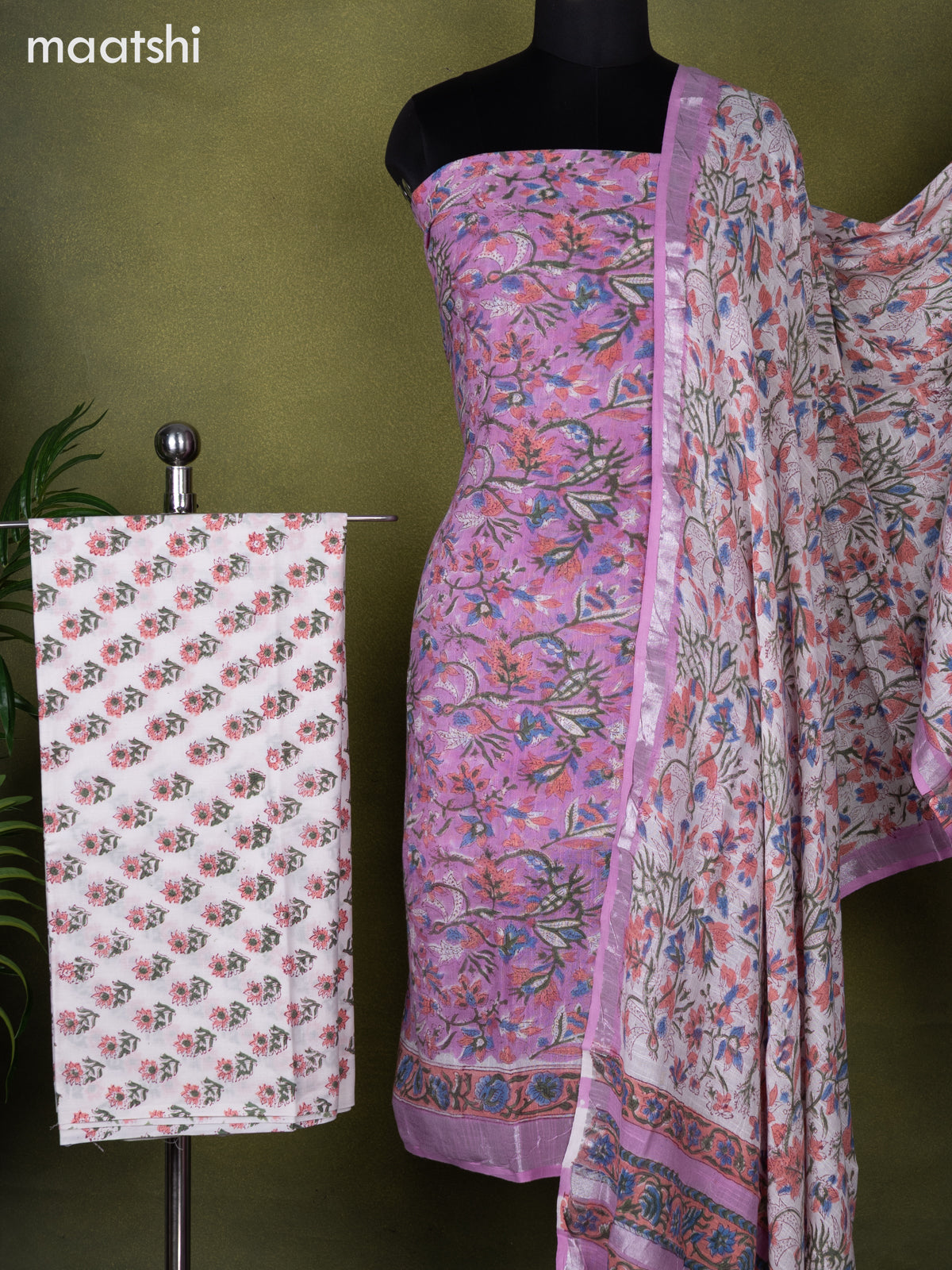 Linen cotton dress material lavender shade and off white with allover prints and bottom & dupatta