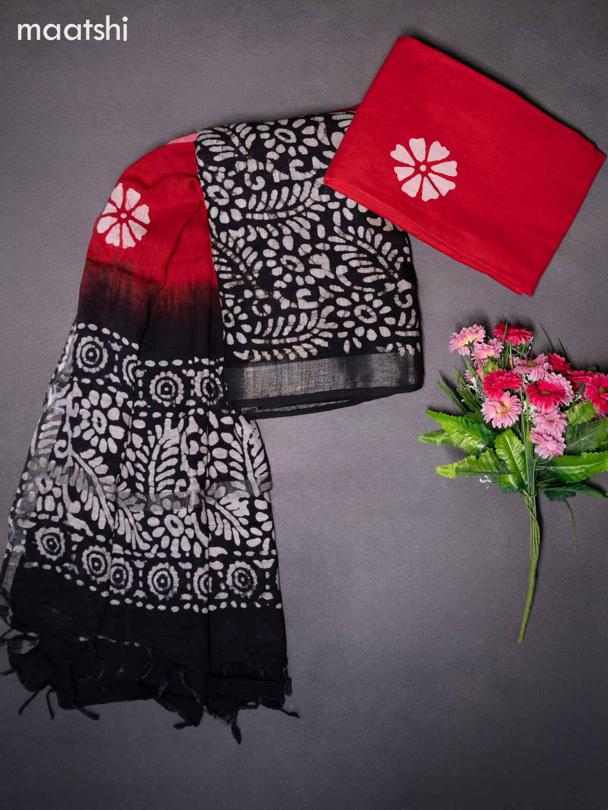 Linen cotton dress material black beige and red with allover batik prints and bottom & dupatta
