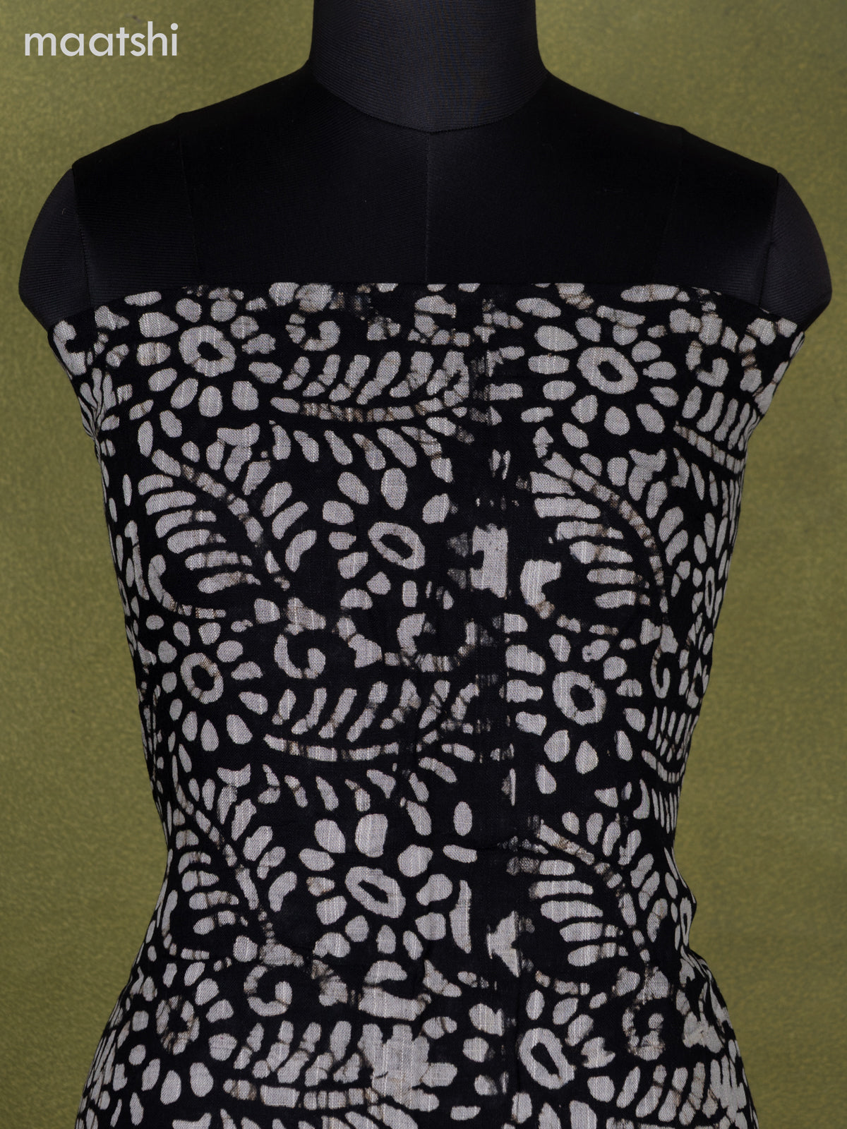 Linen cotton dress material black beige and red with allover batik prints and bottom & dupatta