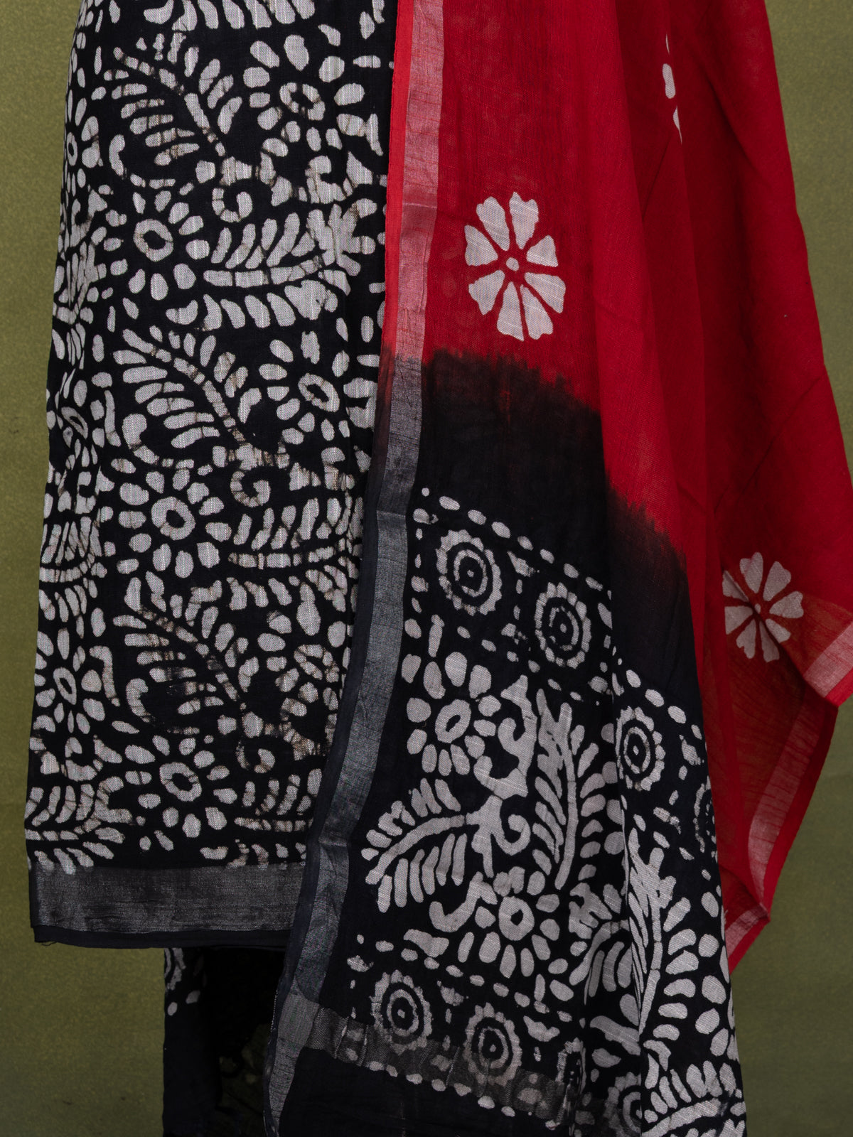 Linen cotton dress material black beige and red with allover batik prints and bottom & dupatta