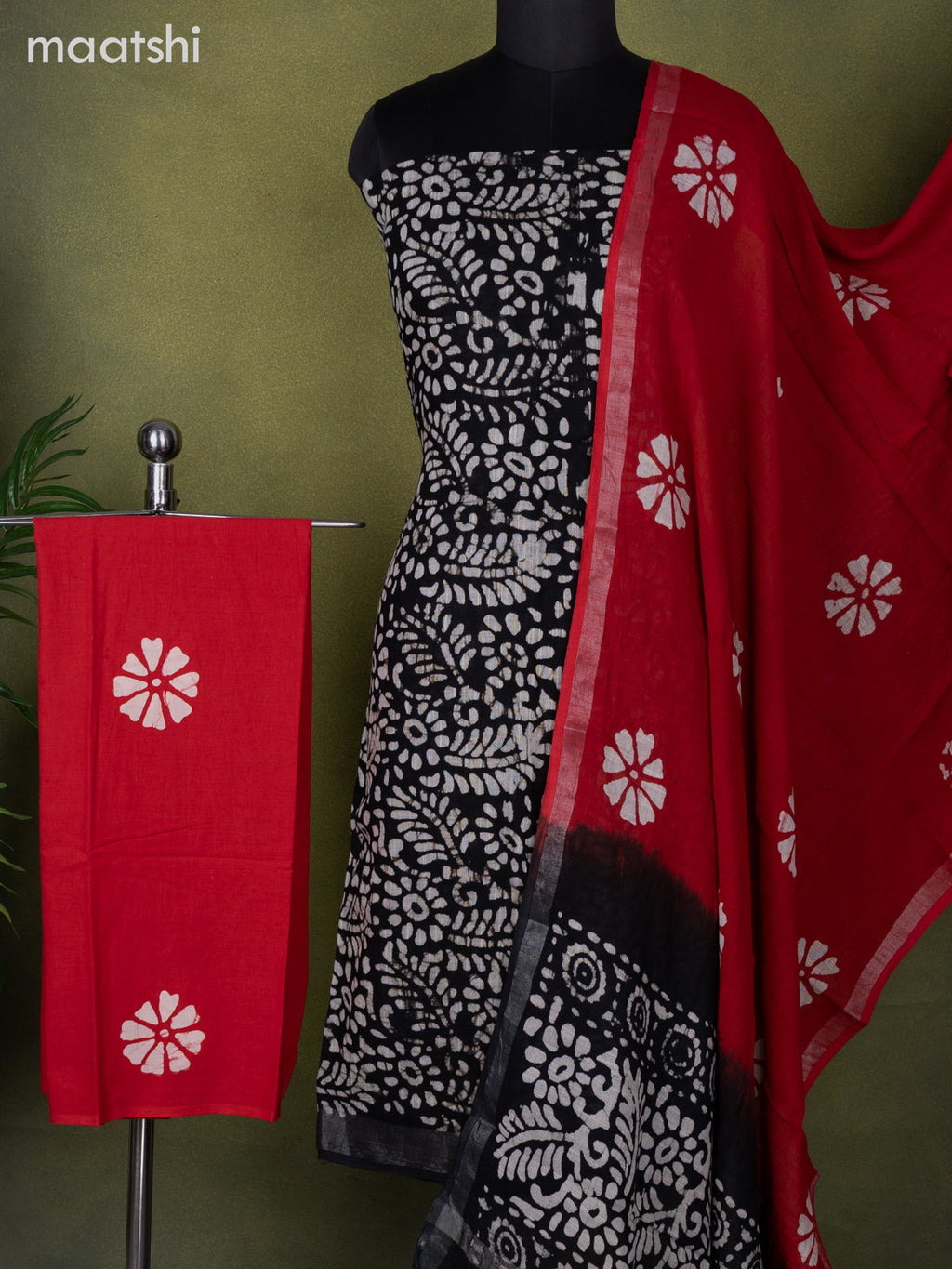 Linen cotton dress material black beige and red with allover batik prints and bottom & dupatta