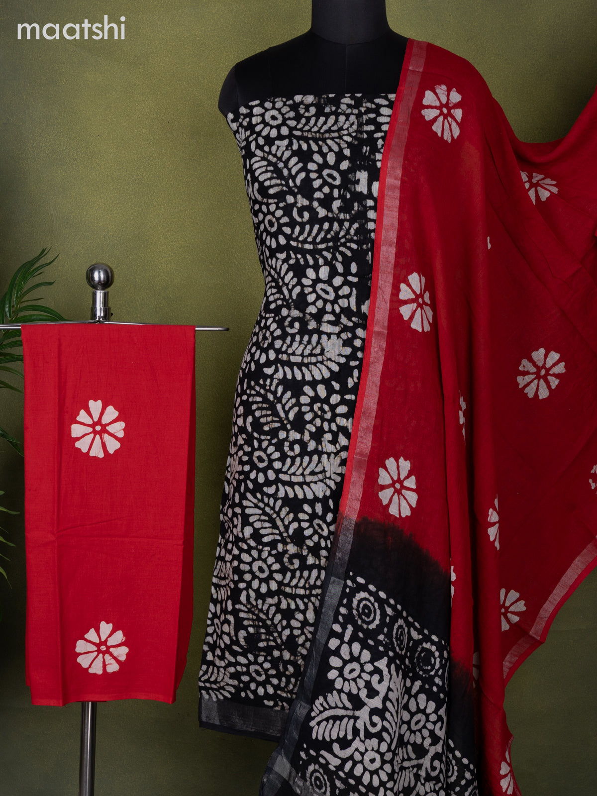Linen cotton dress material black beige and red with allover batik prints and bottom & dupatta