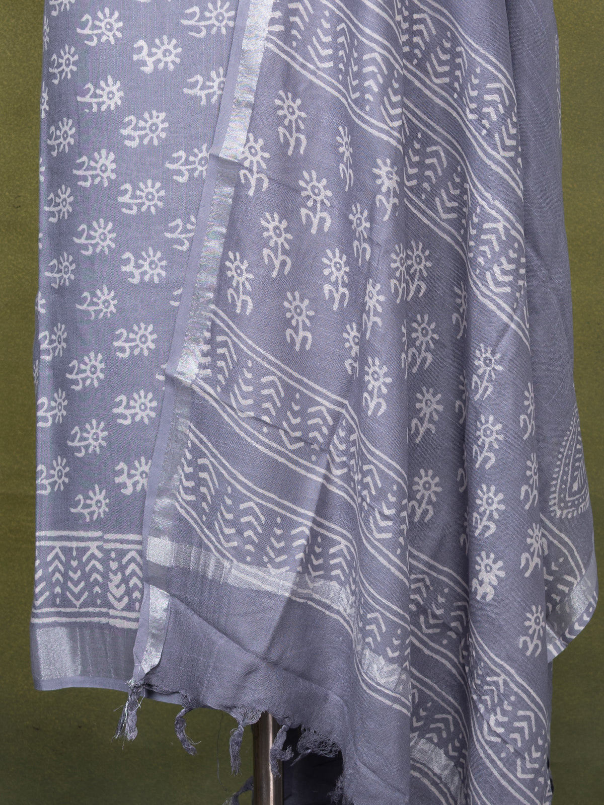 Linen cotton dress material grey with allover butta prints and bottom & dupatta