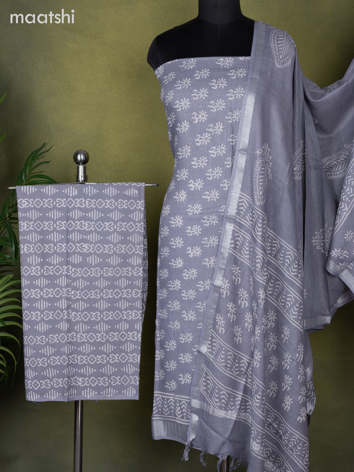 Linen cotton dress material grey with allover butta prints and bottom & dupatta