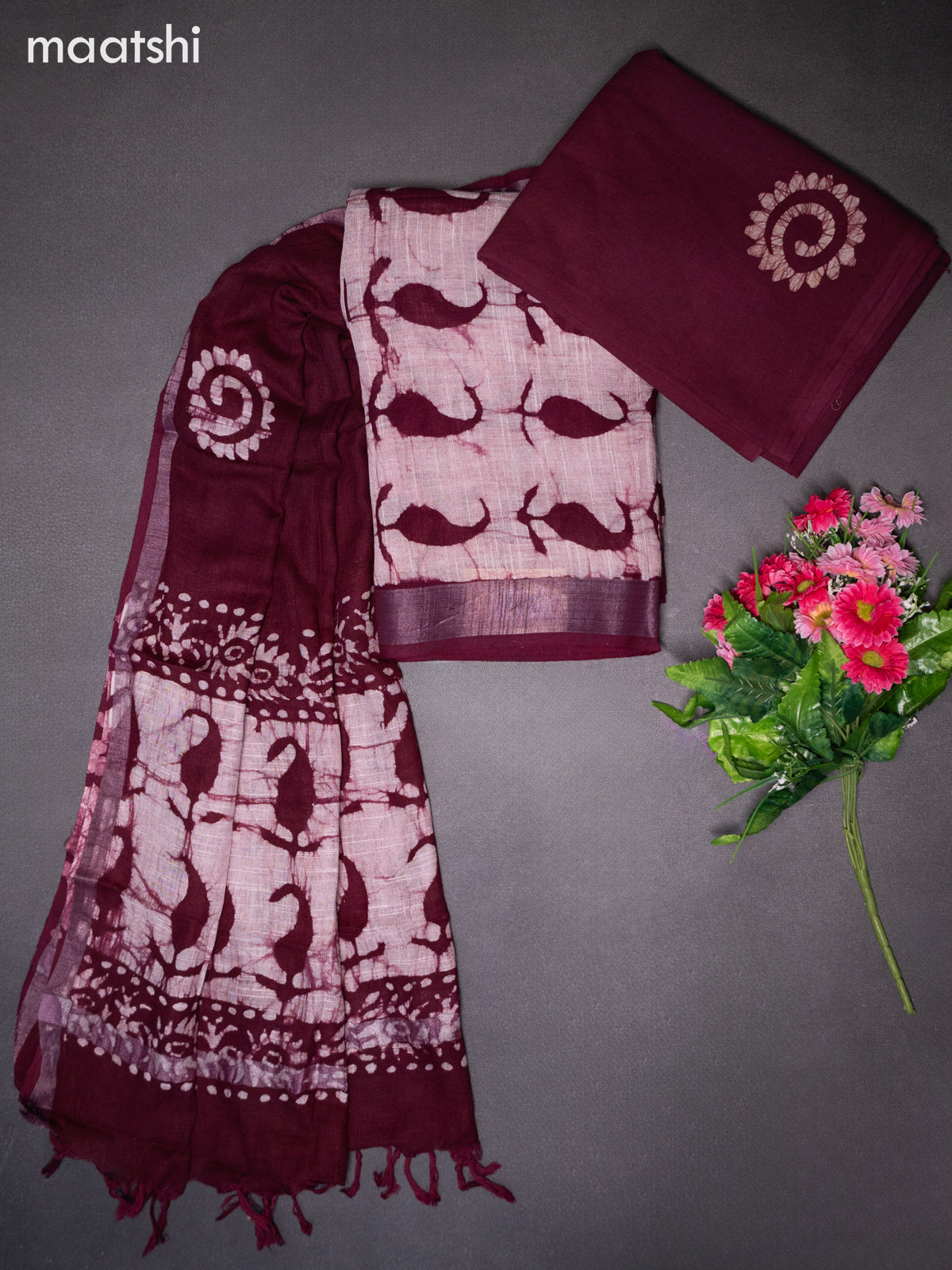 Linen cotton dress material beige and maroon with allover batik butta peints and bottom & dupatta