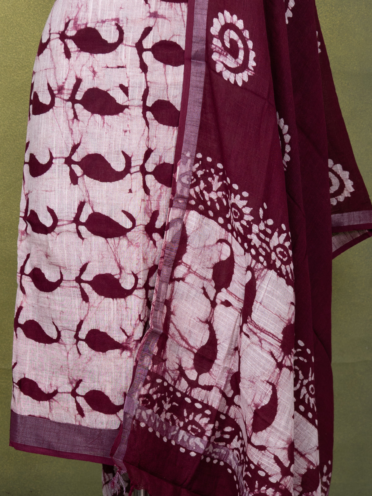 Linen cotton dress material beige and maroon with allover batik butta peints and bottom & dupatta