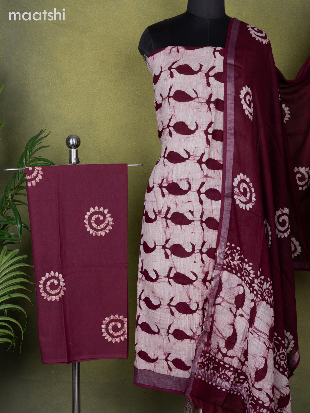 Linen cotton dress material beige and maroon with allover batik butta peints and bottom & dupatta