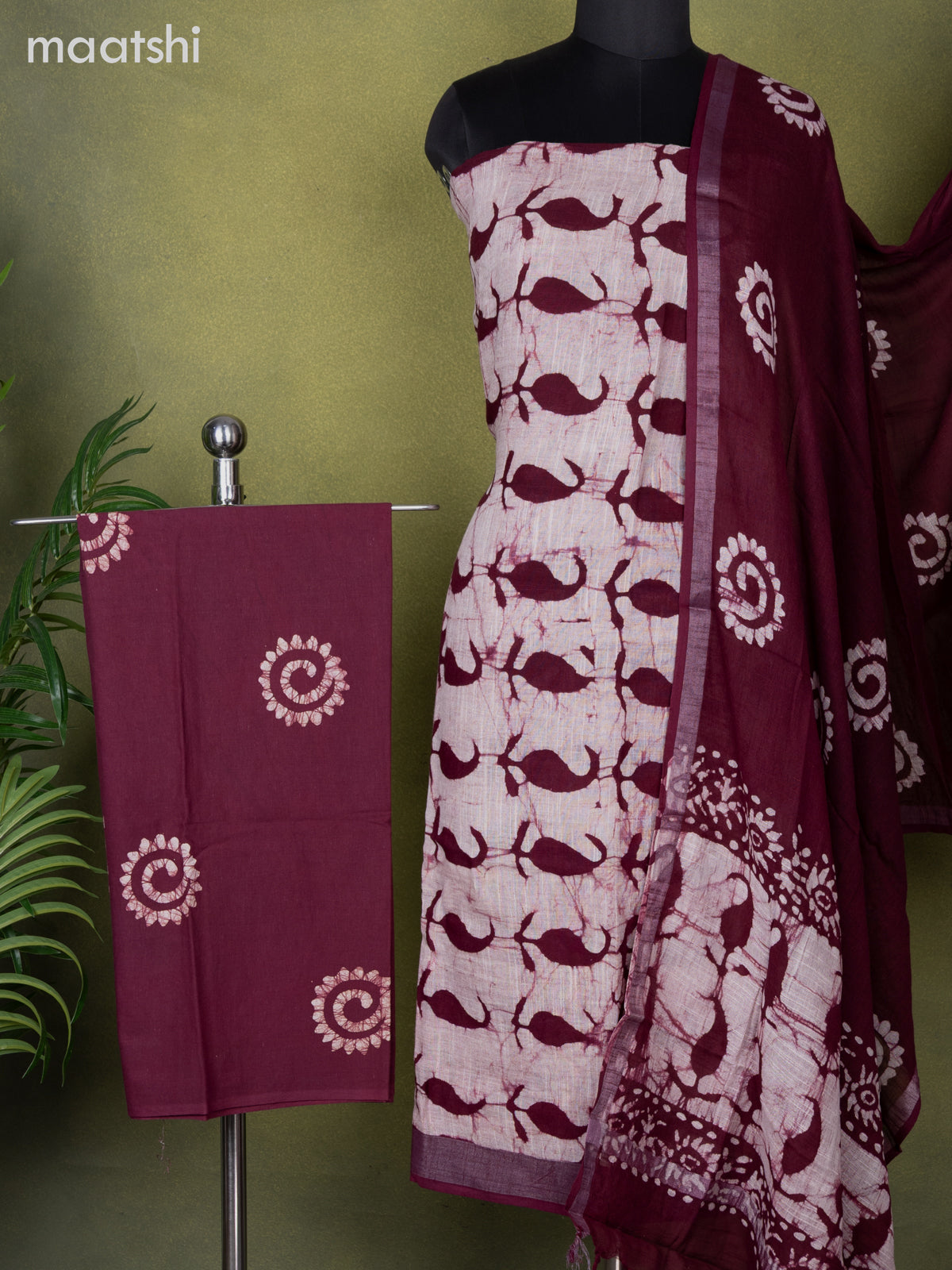 Linen cotton dress material beige and maroon with allover batik butta peints and bottom & dupatta