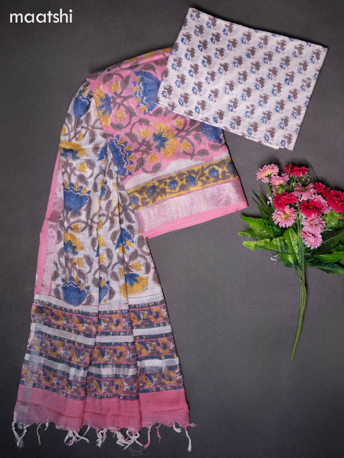 Linen cotton dress material peach pink and off white with allover prints and bottom & dupatta