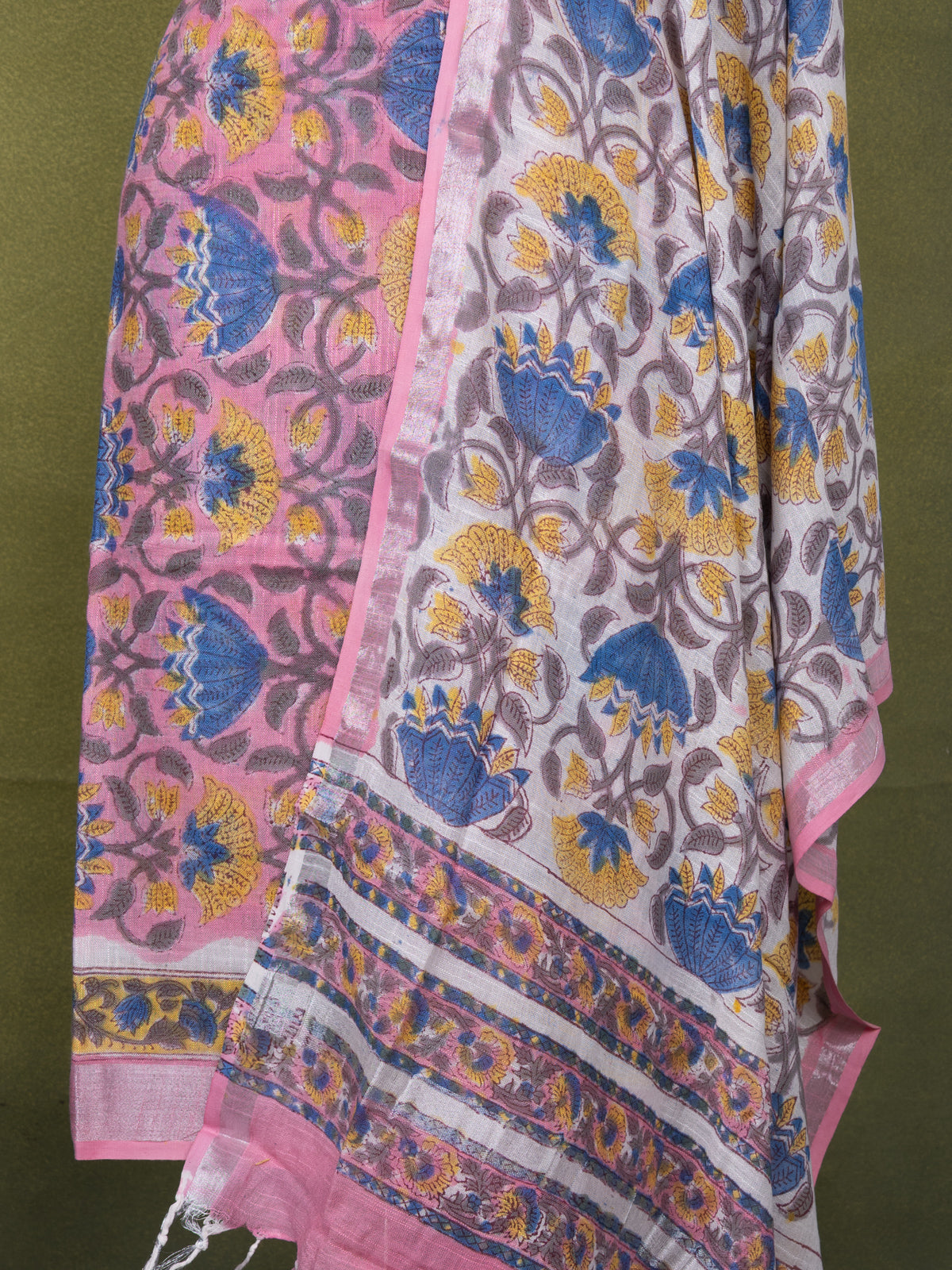 Linen cotton dress material peach pink and off white with allover prints and bottom & dupatta